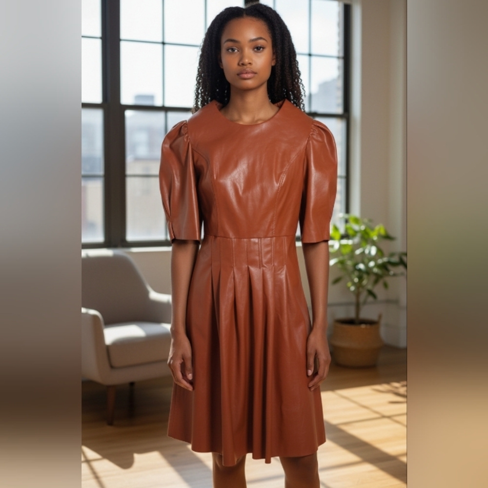 En Saison Carmel Brown Faux Leather Zip Back Pleated Midi Dress Modern Chic Sz 2